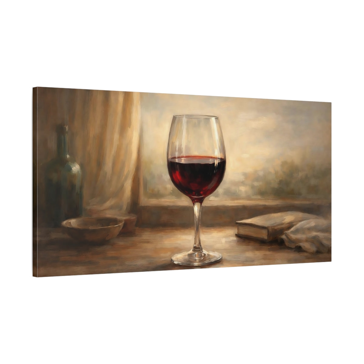 Side Mockup 1. Vintage Wine Glass Warm Still Life shown as stretched canvas wall art