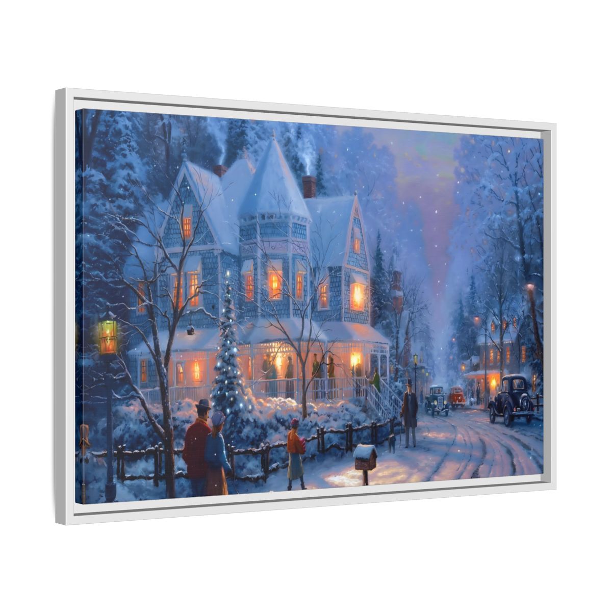 Side Mockup 10. Vintage Winter Street Winter Snow Scene shown as stretched canvas wall art