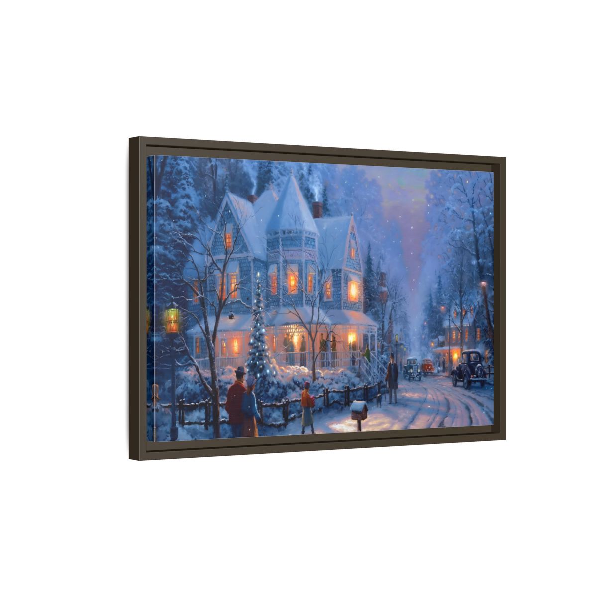 Side Mockup 2. Vintage Winter Street Winter Snow Scene shown as stretched canvas wall art