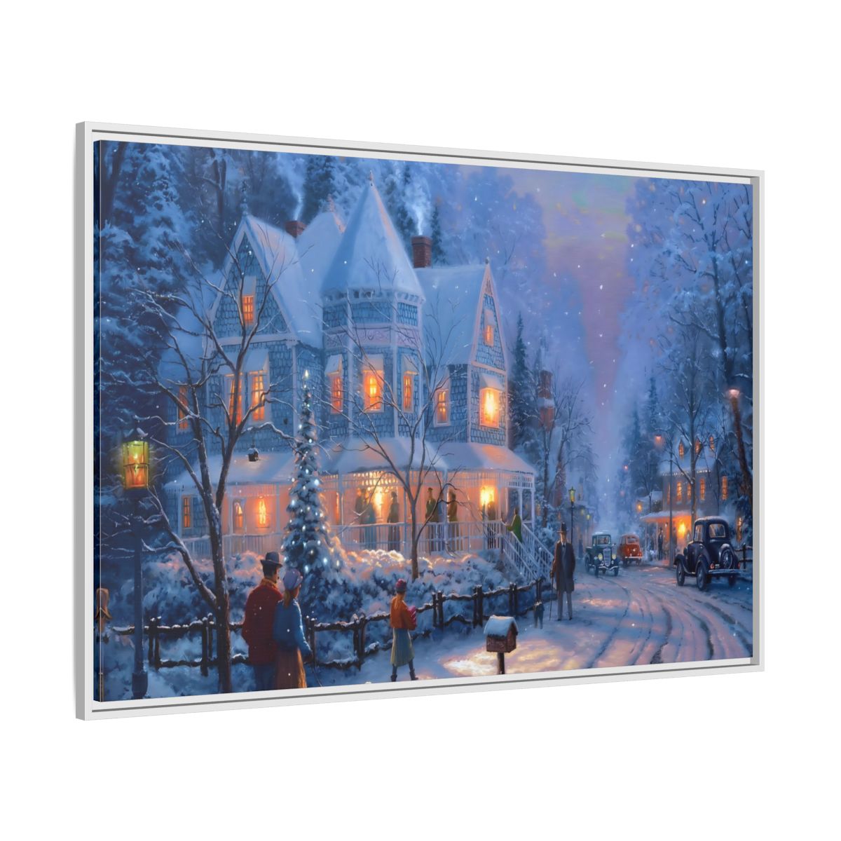 Side Mockup 7. Vintage Winter Street Winter Snow Scene shown as stretched canvas wall art