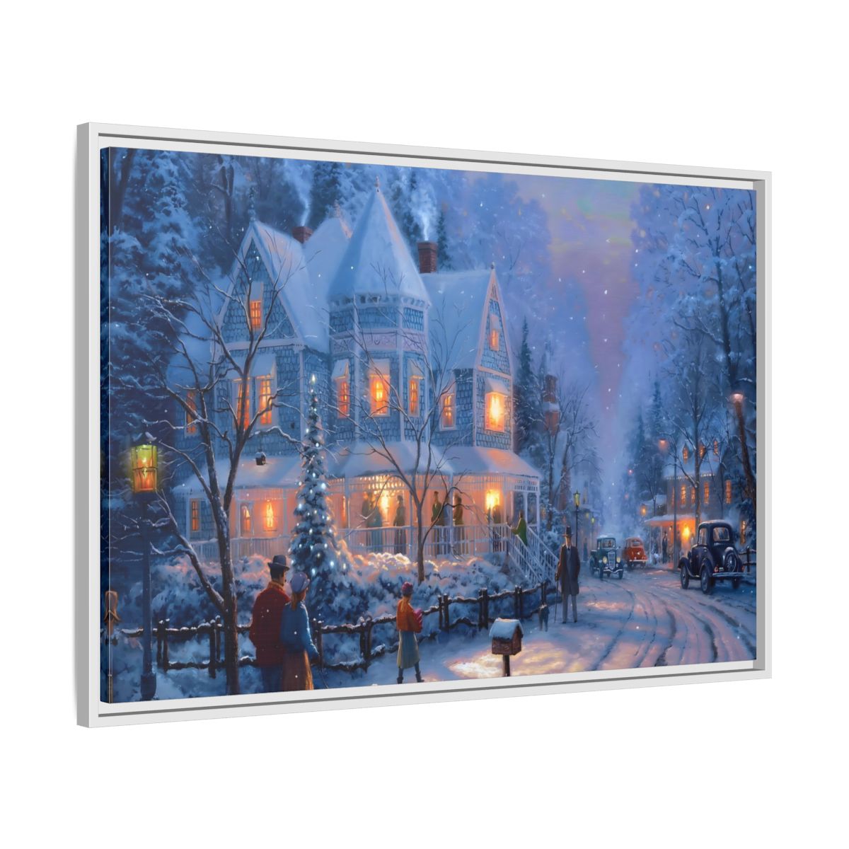 Side Mockup 8. Vintage Winter Street Winter Snow Scene shown as stretched canvas wall art
