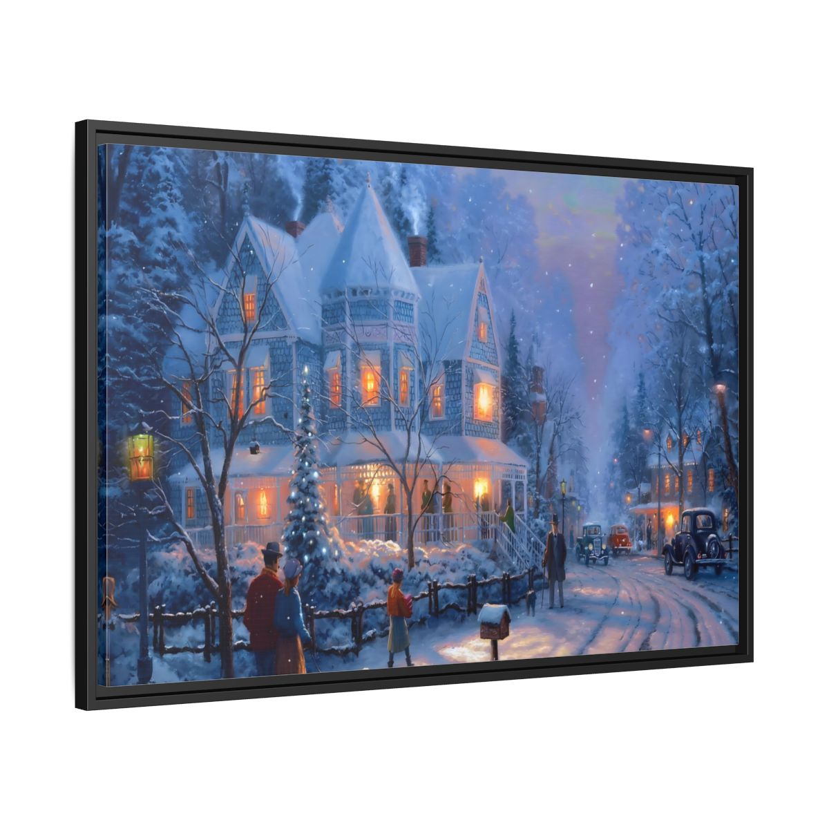 Side Mockup 13. Vintage Winter Street Winter Snow Scene shown as stretched canvas wall art
