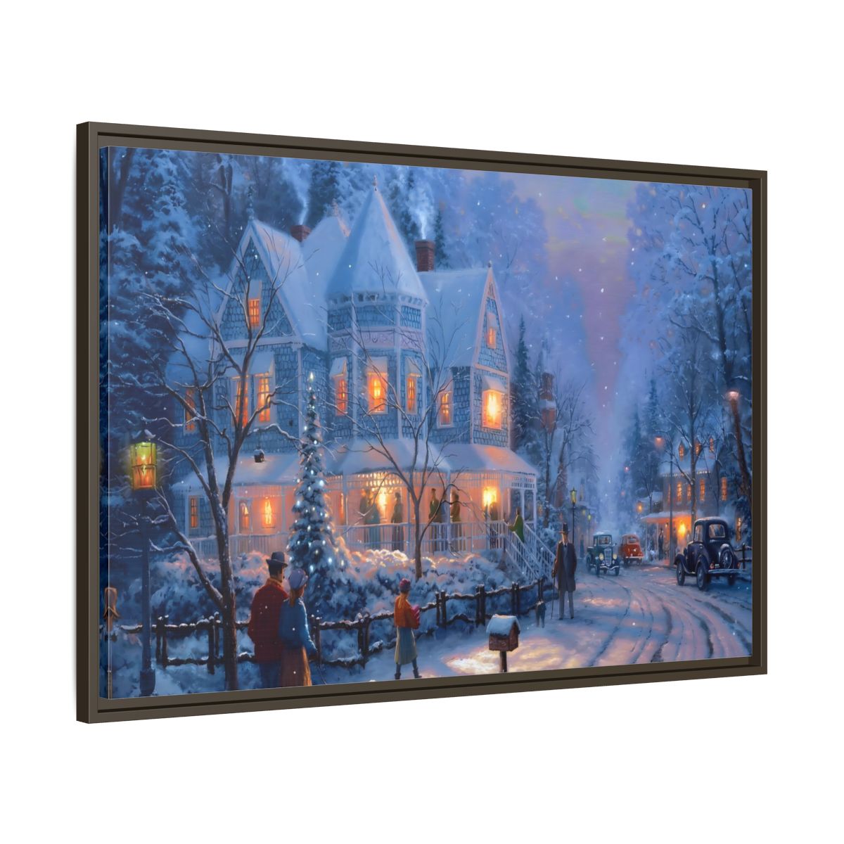 Side Mockup 9. Vintage Winter Street Winter Snow Scene shown as stretched canvas wall art