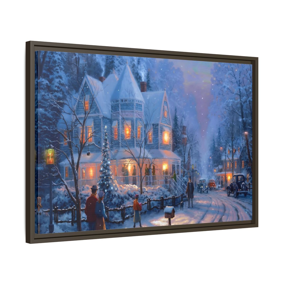 Side Mockup 11. Vintage Winter Street Winter Snow Scene shown as stretched canvas wall art