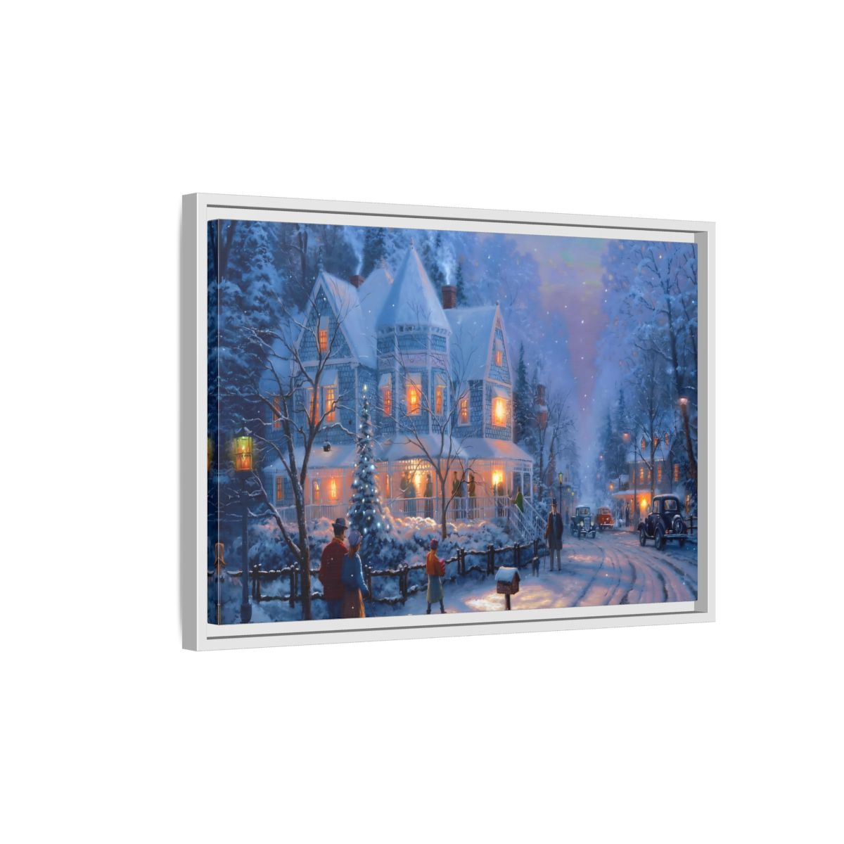 Side Mockup 1. Vintage Winter Street Winter Snow Scene shown as stretched canvas wall art