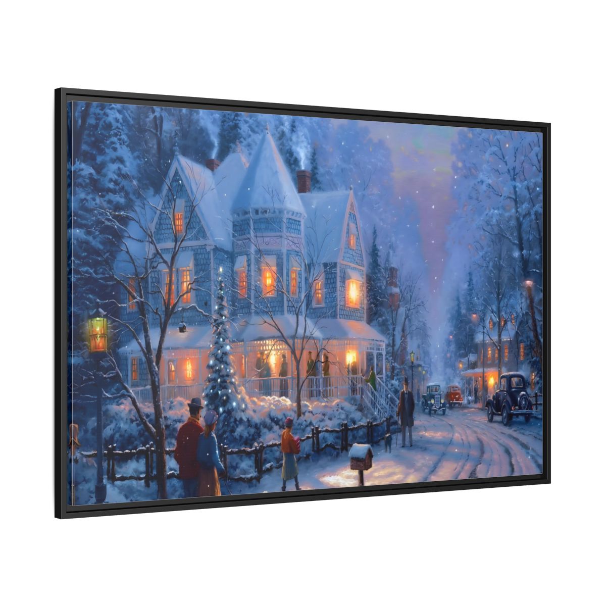 Side Mockup 12. Vintage Winter Street Winter Snow Scene shown as stretched canvas wall art