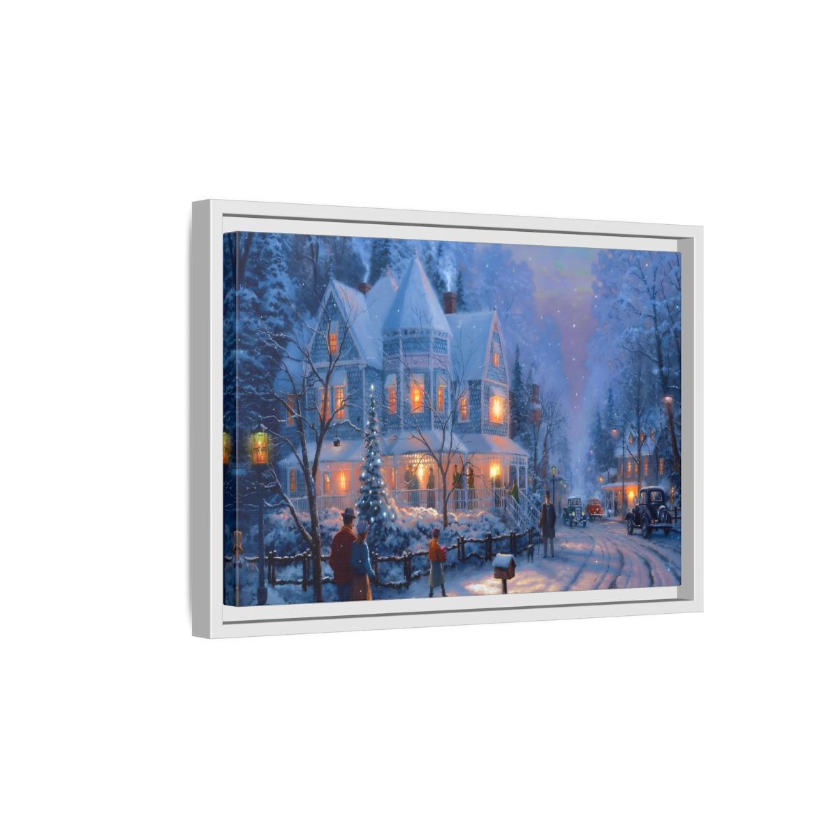 Side Mockup 4. Vintage Winter Street Winter Snow Scene shown as stretched canvas wall art