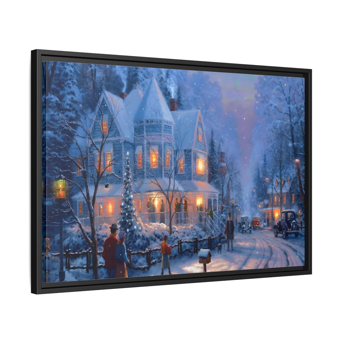 Side Mockup 14. Vintage Winter Street Winter Snow Scene shown as stretched canvas wall art