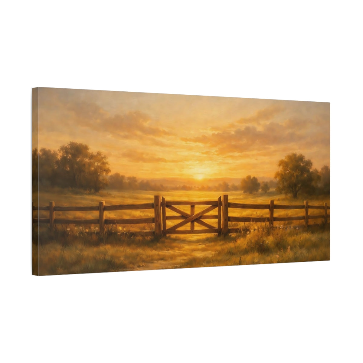 Side Mockup 2. Nature Farm Gate Golden Sunset Landscape shown as stretched canvas wall art