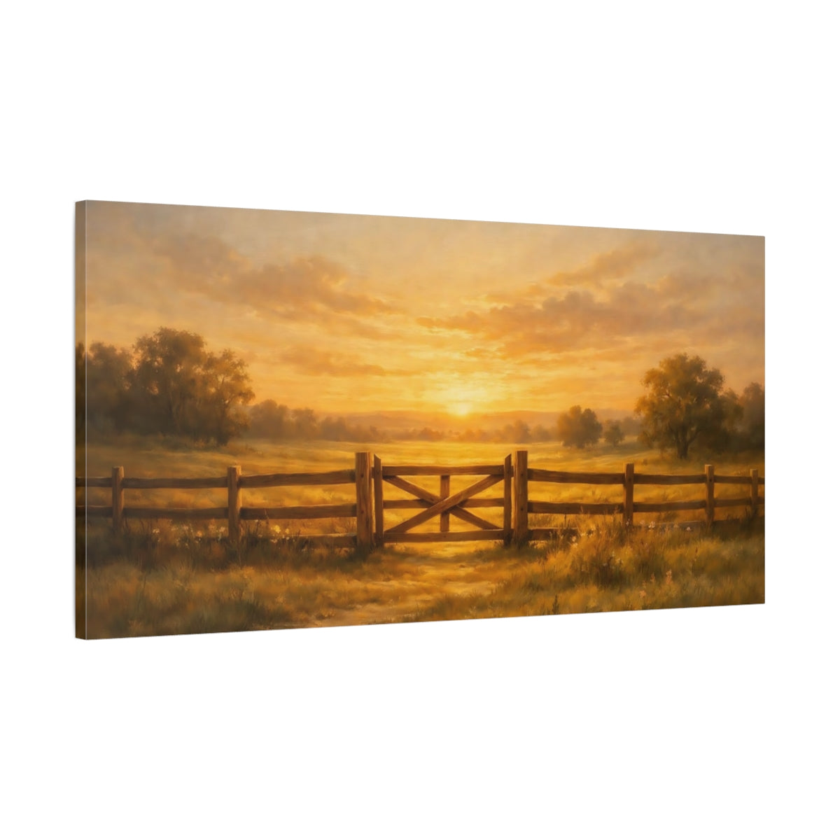 Side Mockup 1. Nature Farm Gate Golden Sunset Landscape shown as stretched canvas wall art
