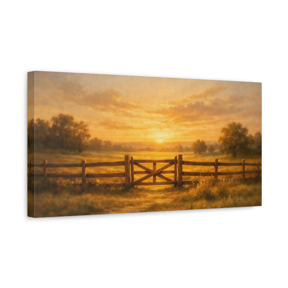 Side Mockup 3. Nature Farm Gate Golden Sunset Landscape shown as stretched canvas wall art