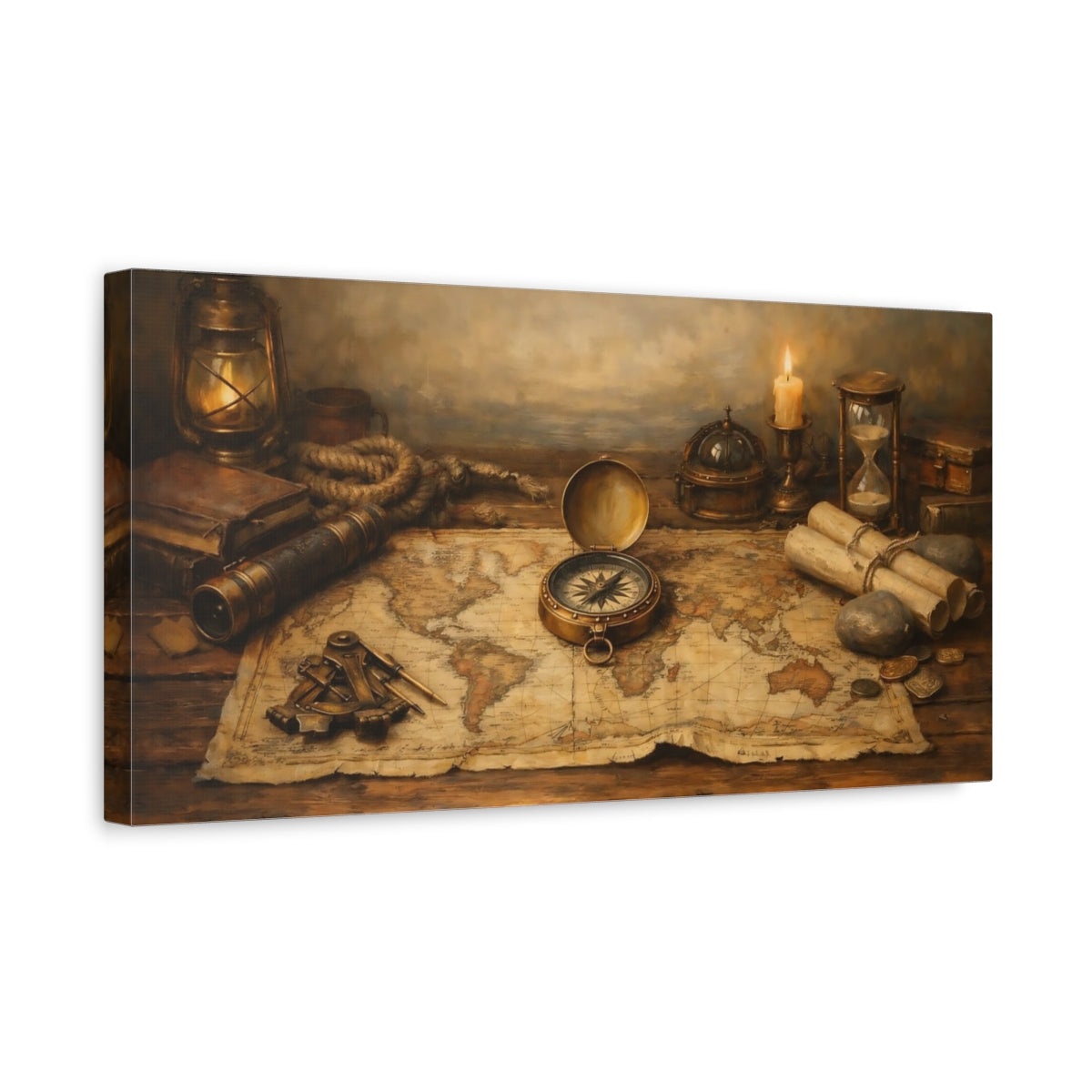 Side Mockup 3. Vintage Vintage Map Brown And Gold shown as stretched canvas wall art