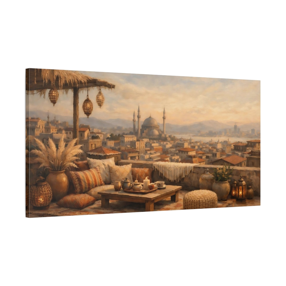 Side Mockup 1. Vintage Rooftop View Warm Tones shown as stretched canvas wall art