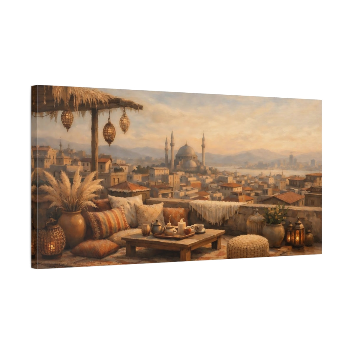 Side Mockup 2. Vintage Rooftop View Warm Tones shown as stretched canvas wall art