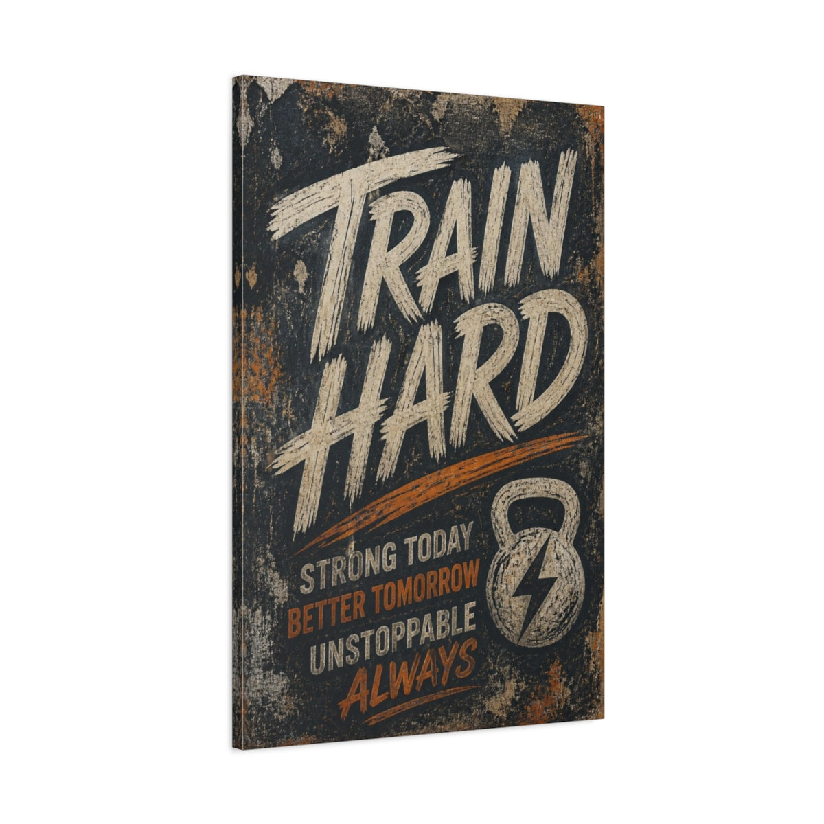 Main Mockup. Train Hard Motivational Quote shown as canvas print