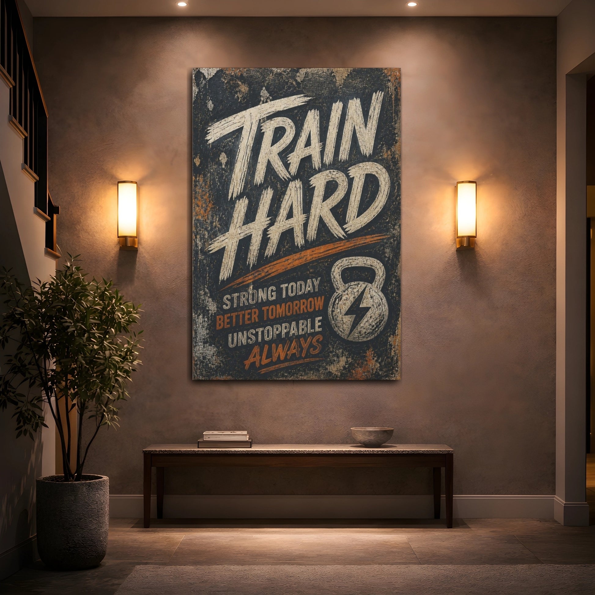 Mockup 2. Train Hard Motivational Quote shown as canvas print