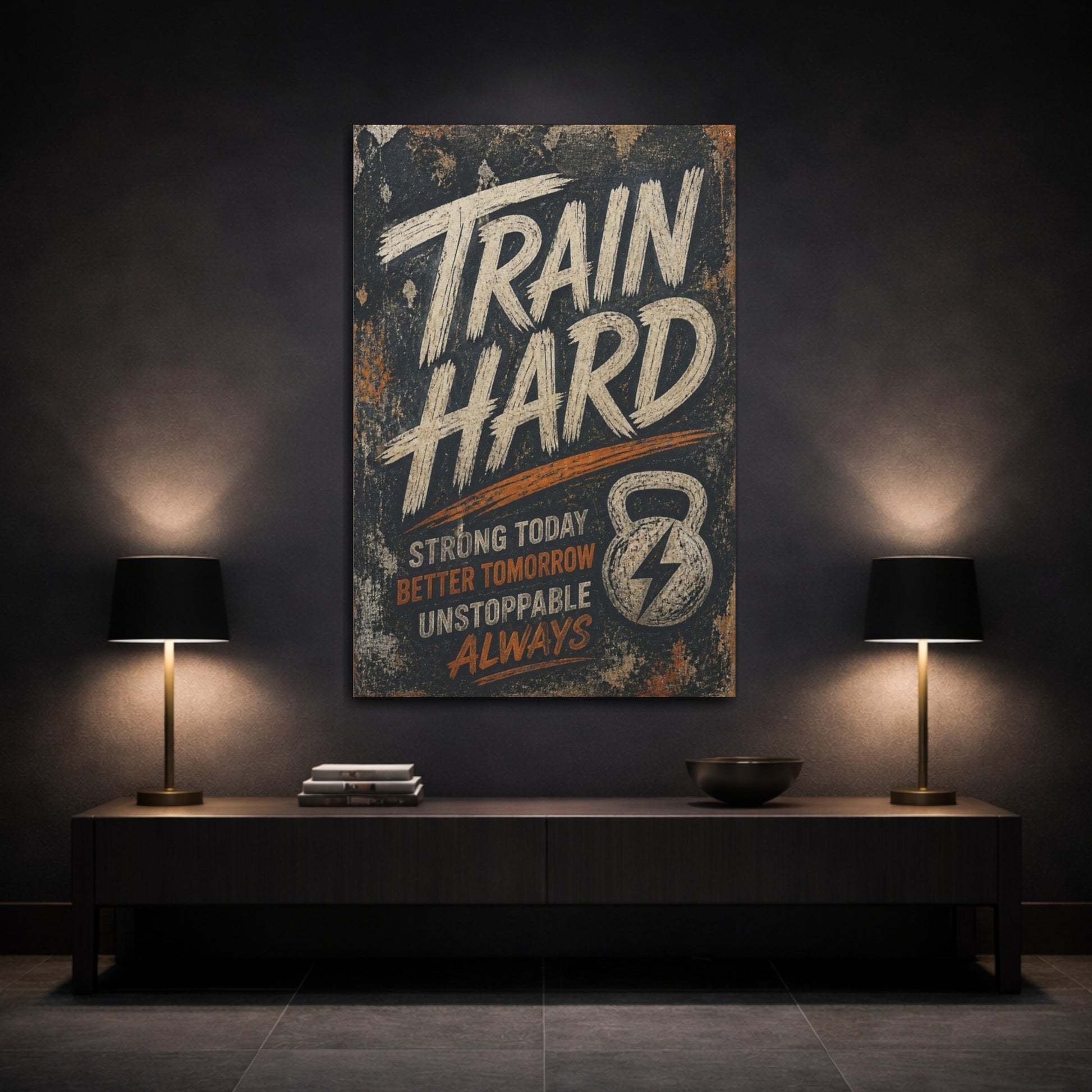 Mockup 3. Train Hard Motivational Quote shown as canvas print