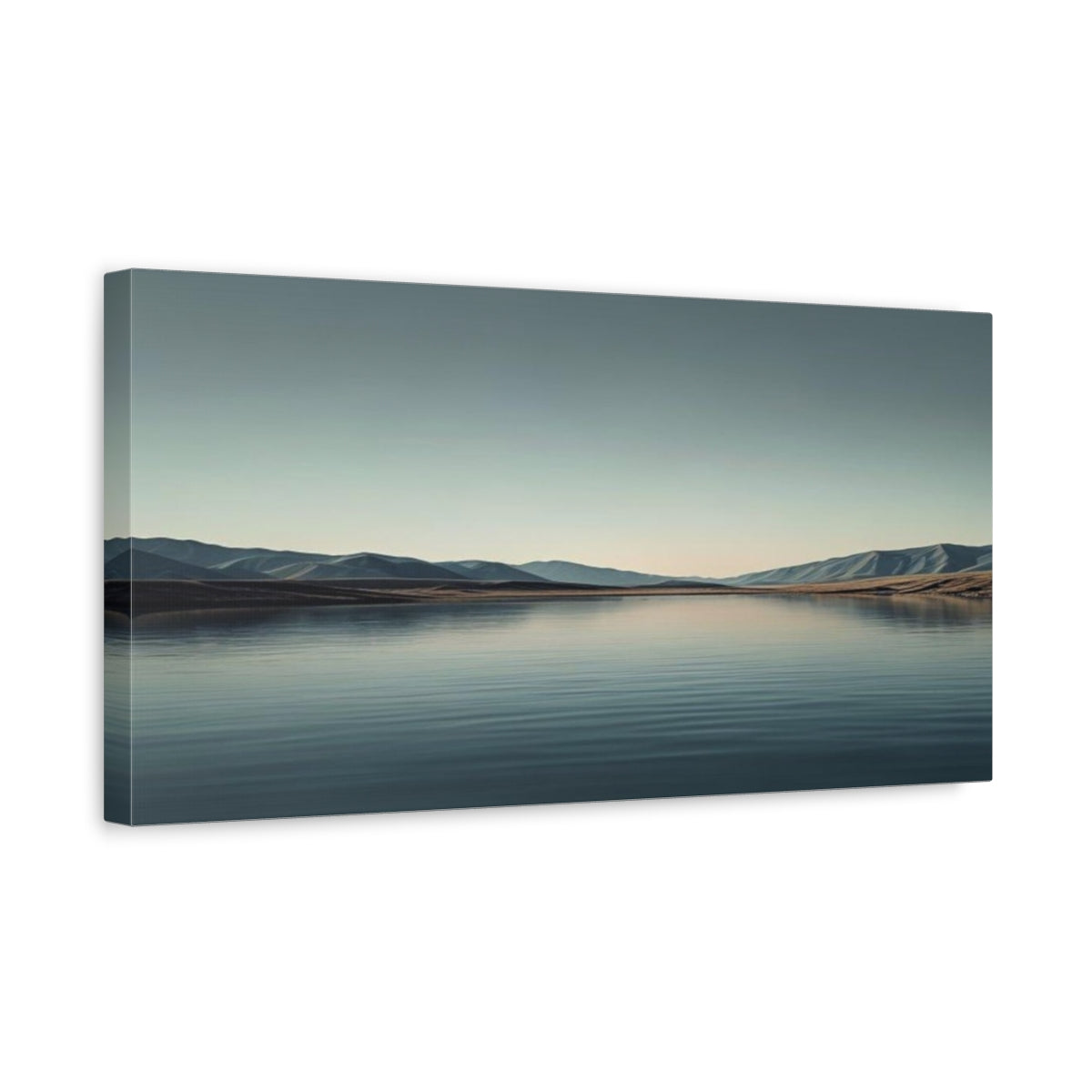 Side Mockup 3. Tranquil Lake Horizon shown as canvas print