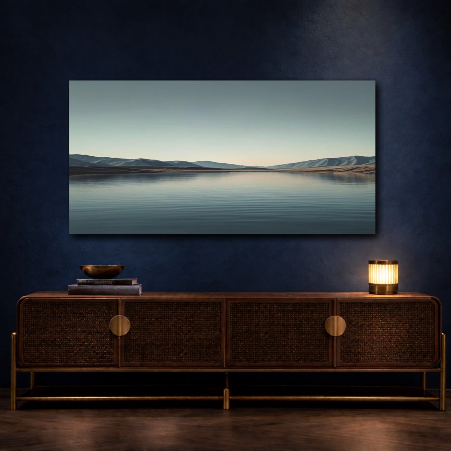 Mockup 4. Tranquil Lake Horizon shown as canvas print