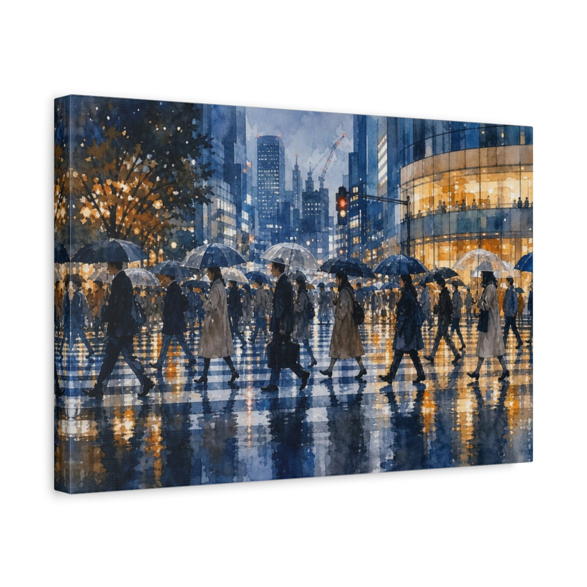 Side Mockup 4. Transparent Watercolor Japanese Art Rainy Tokyo Crossing With Reflected Umbrellas, Cobalt, Graphite And Amber shown as canvas print