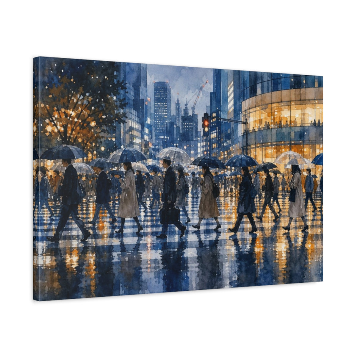 Side Mockup 2. Transparent Watercolor Japanese Art Rainy Tokyo Crossing With Reflected Umbrellas, Cobalt, Graphite And Amber shown as canvas print