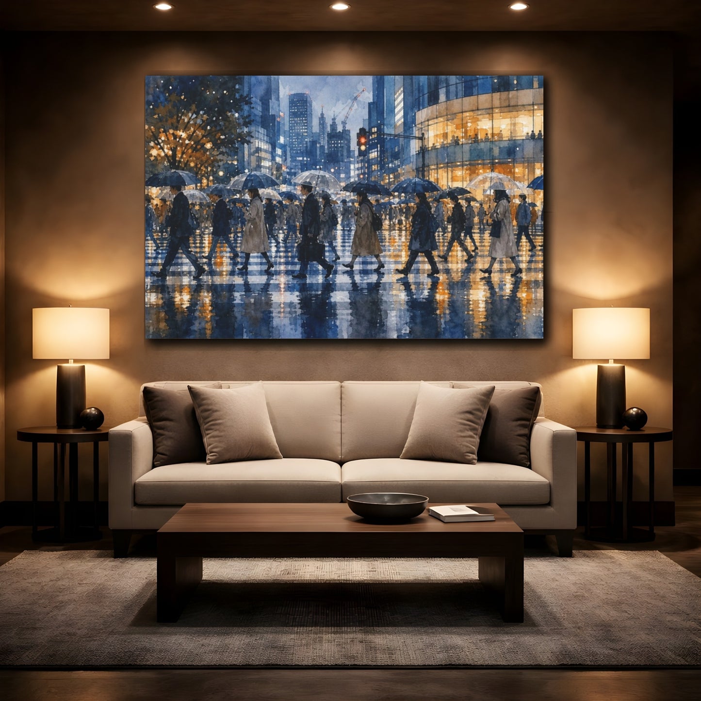 Mockup 2. Transparent Watercolor Japanese Art Rainy Tokyo Crossing With Reflected Umbrellas, Cobalt, Graphite And Amber shown as canvas print