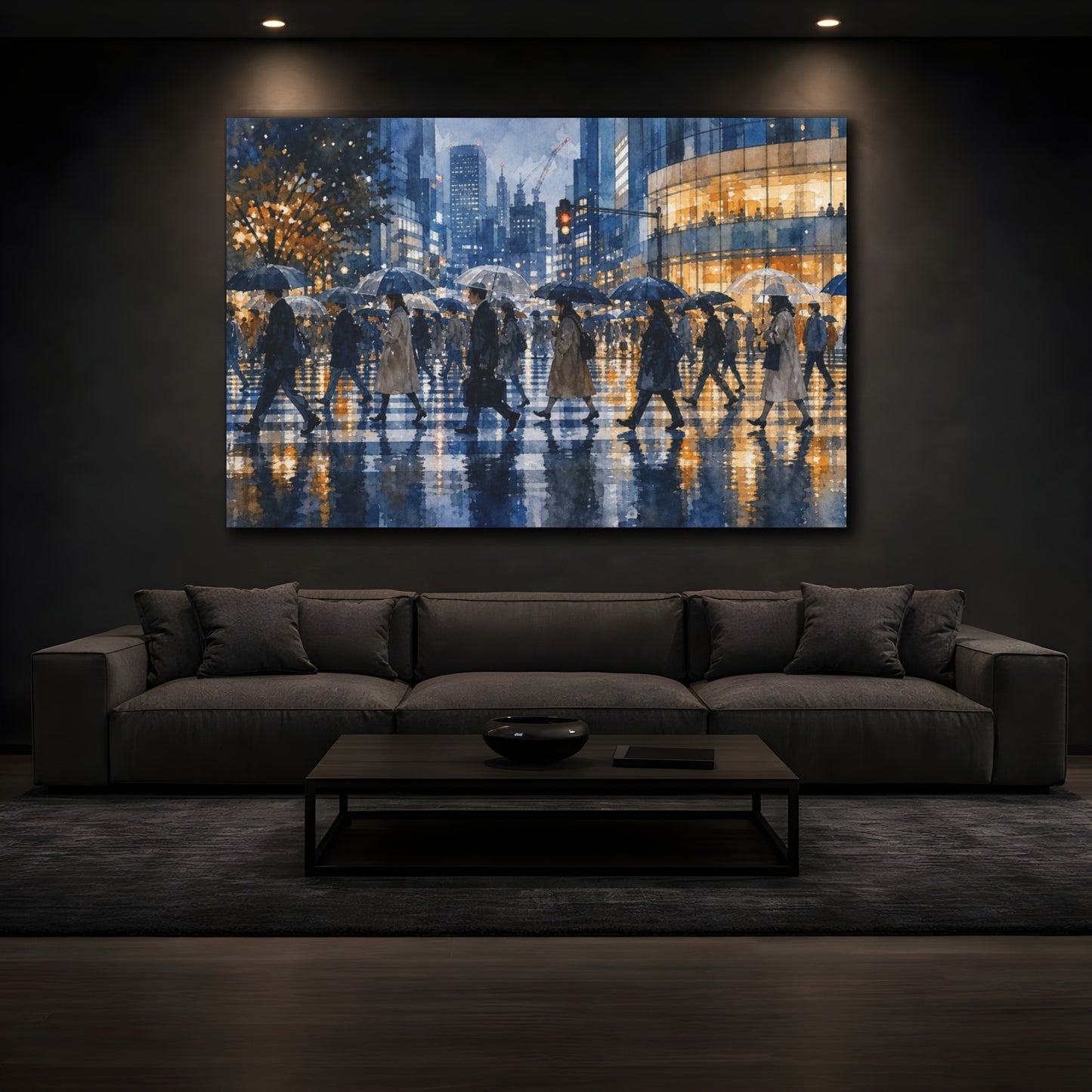 Mockup 3. Transparent Watercolor Japanese Art Rainy Tokyo Crossing With Reflected Umbrellas, Cobalt, Graphite And Amber shown as canvas print