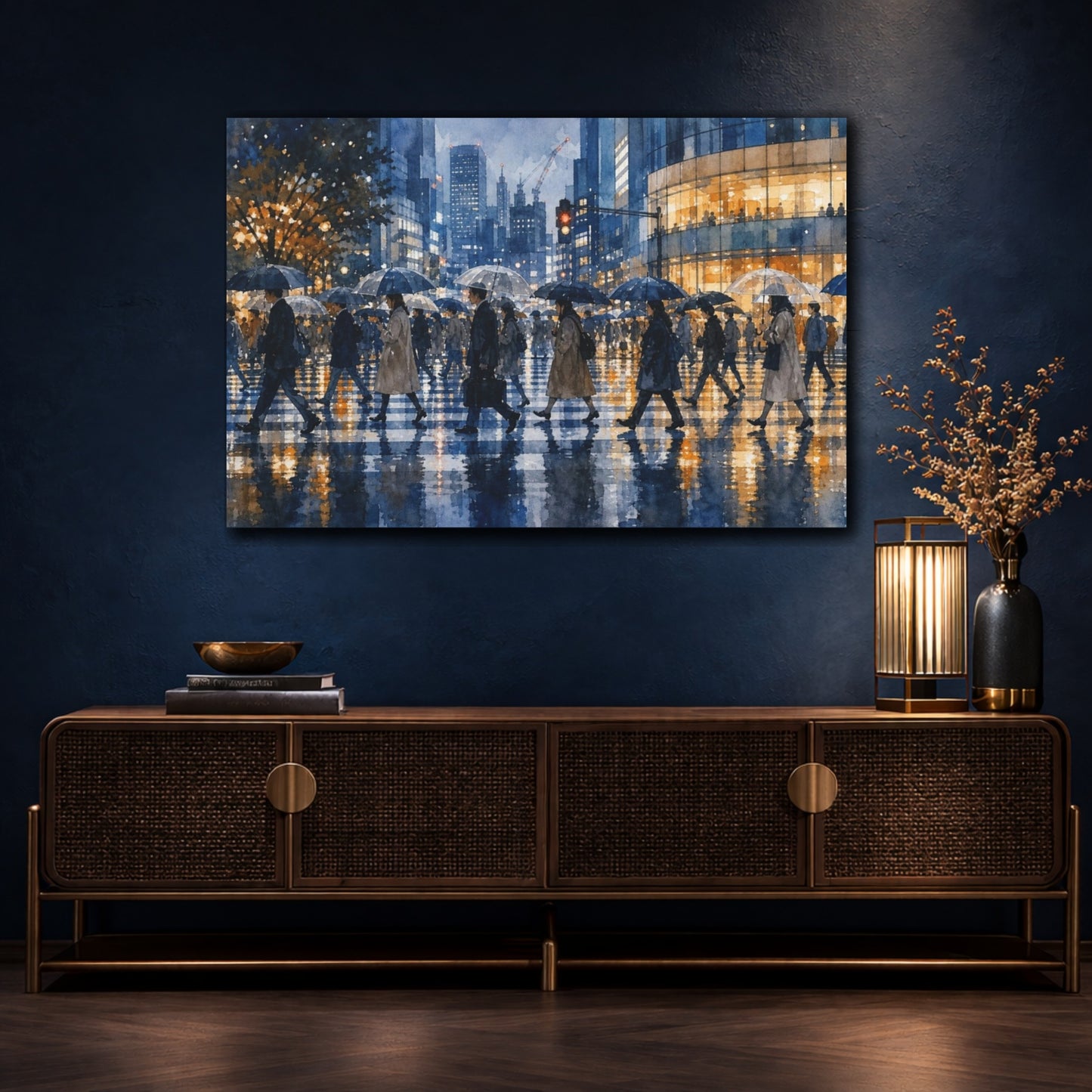 Mockup 4. Transparent Watercolor Japanese Art Rainy Tokyo Crossing With Reflected Umbrellas, Cobalt, Graphite And Amber shown as canvas print