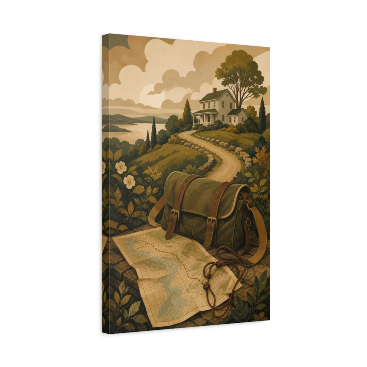 Side Mockup 3. Traveler's Map & Satchel shown as canvas print
