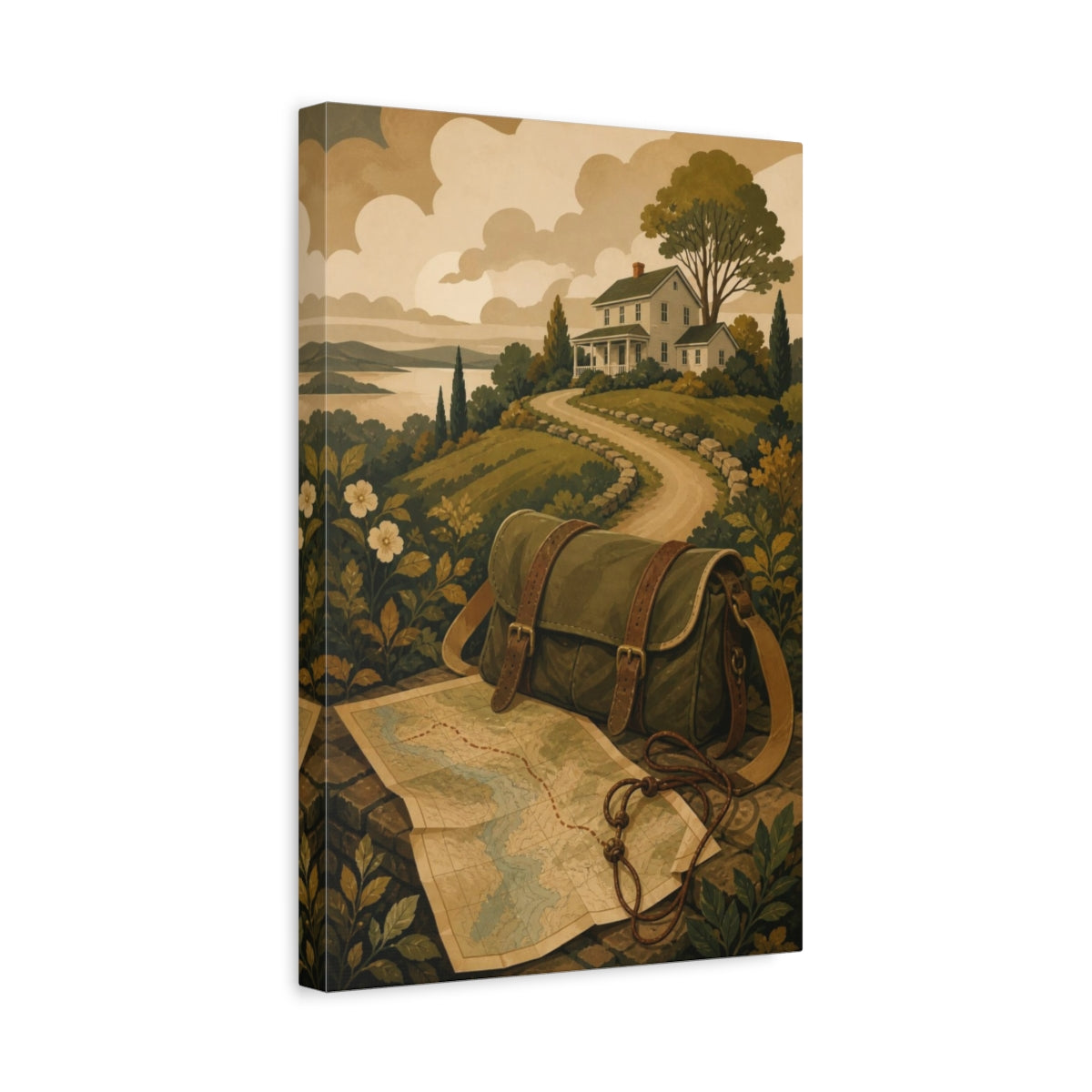 Side Mockup 4. Traveler's Map & Satchel shown as canvas print