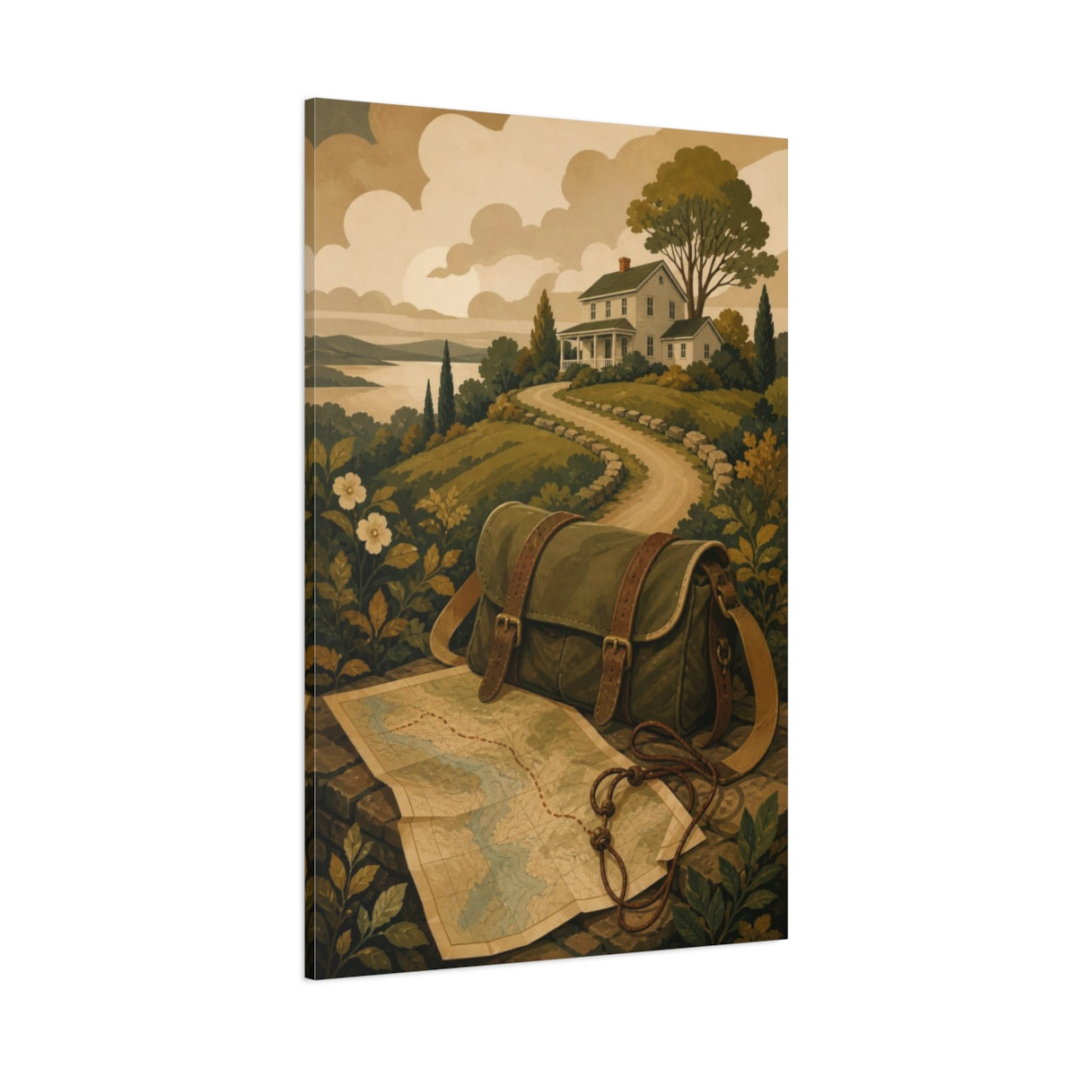Side Mockup 1. Traveler's Map & Satchel shown as canvas print