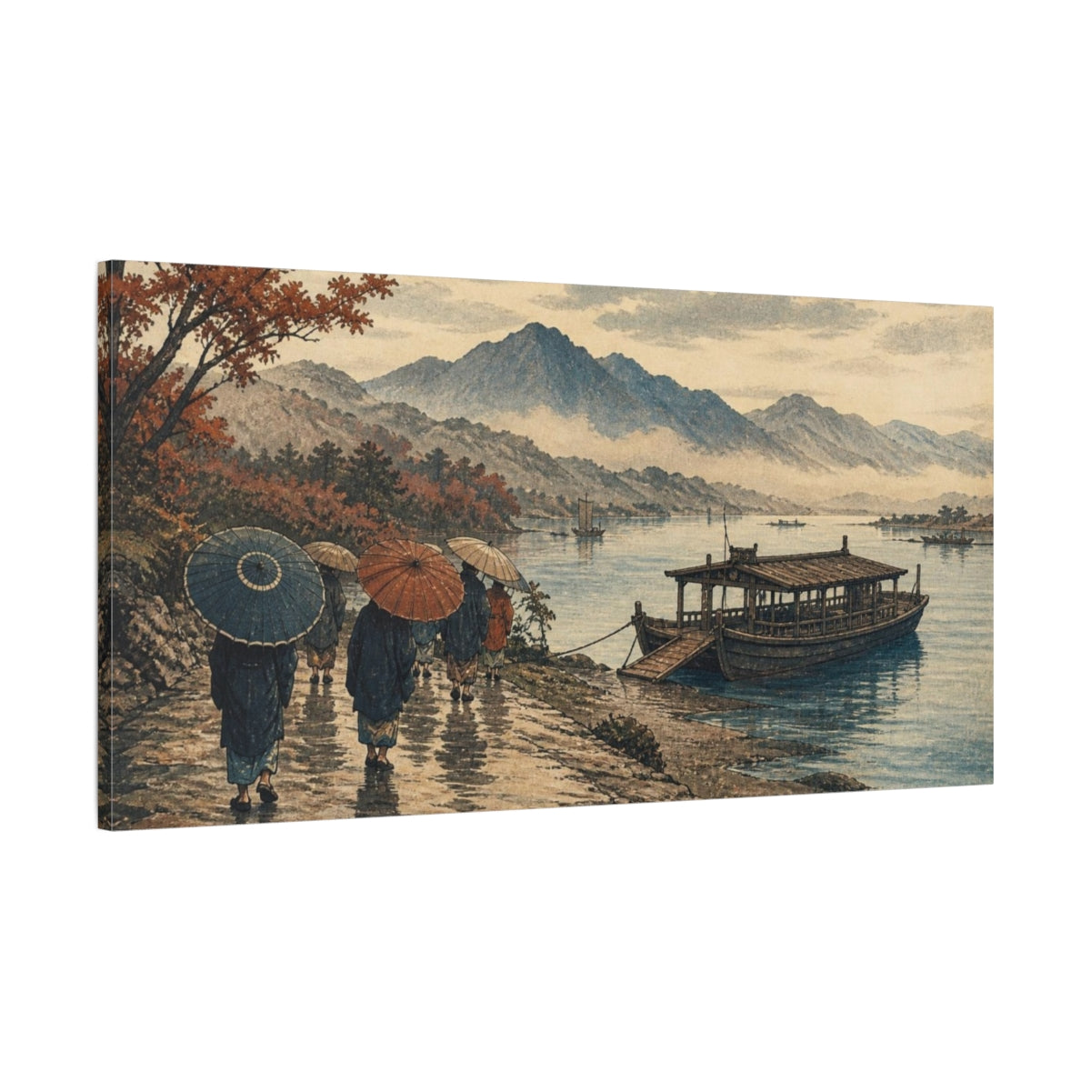 Main Mockup. Travelers By River Ferry shown as canvas print