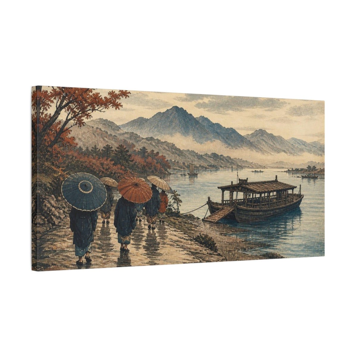 Side Mockup 1. Travelers By River Ferry shown as canvas print