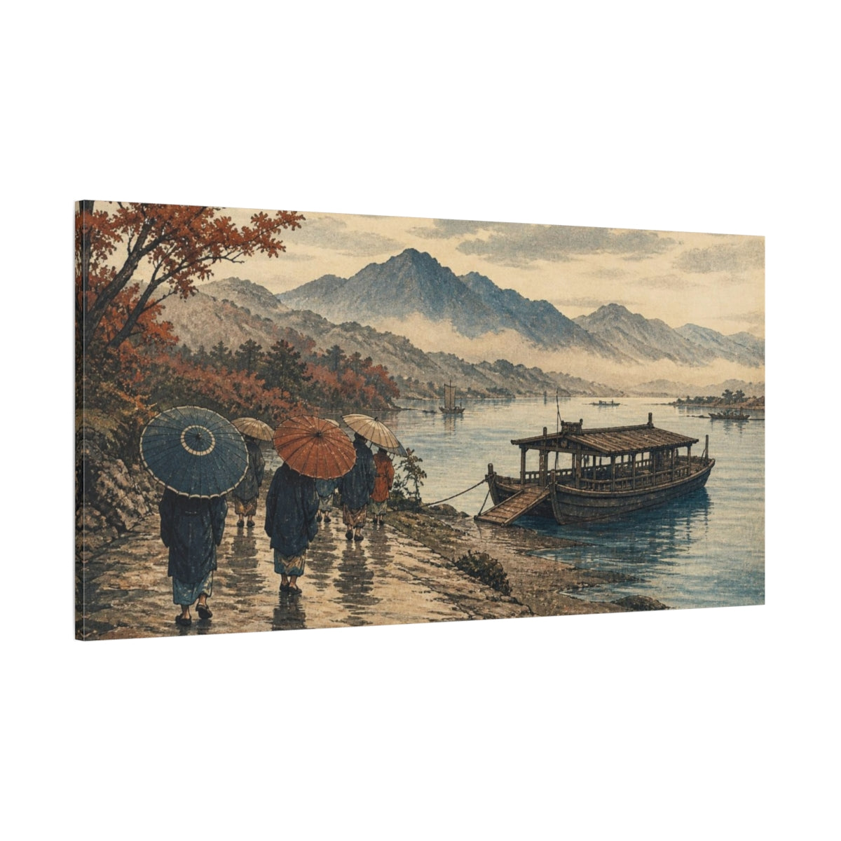 Side Mockup 2. Travelers By River Ferry shown as canvas print