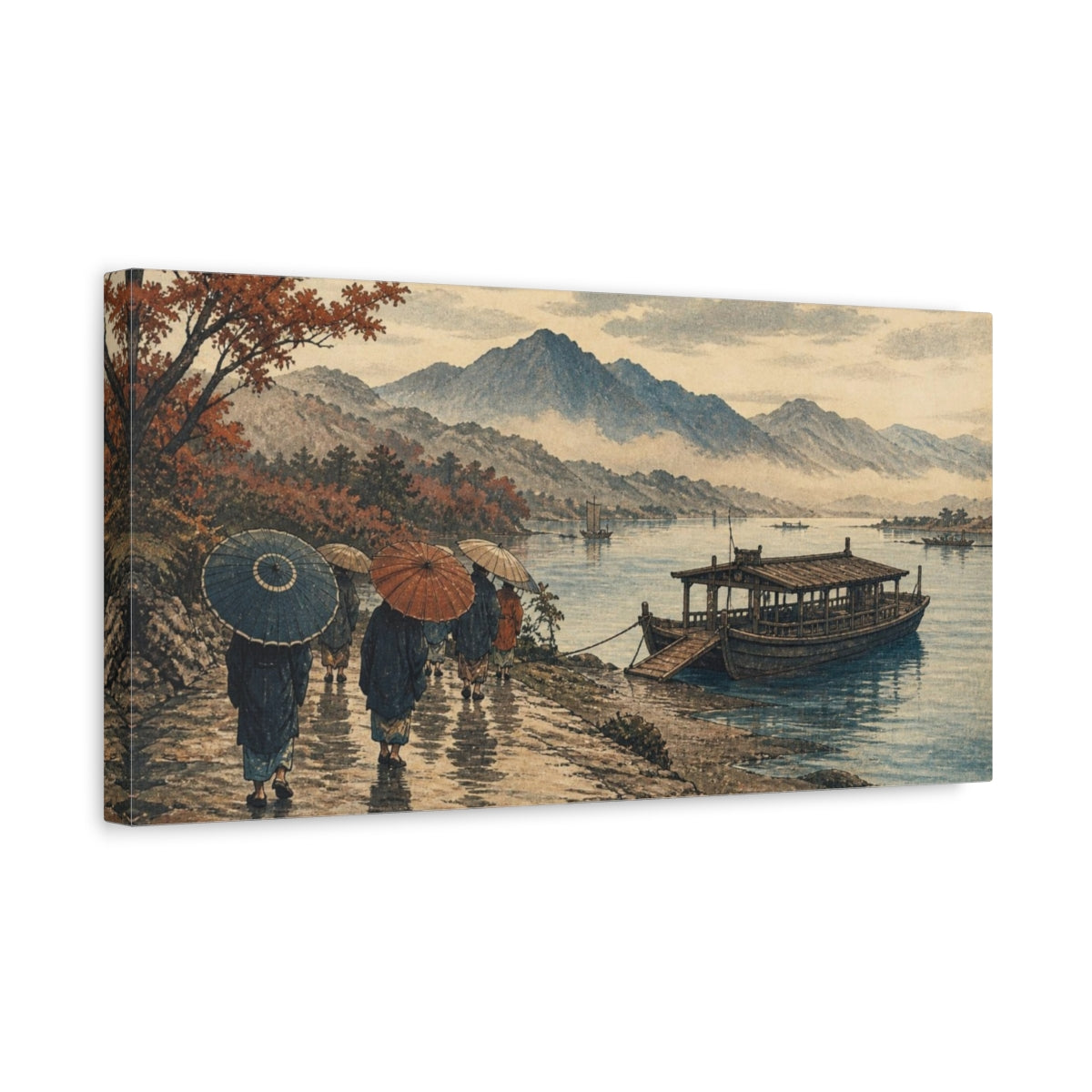 Side Mockup 3. Travelers By River Ferry shown as canvas print