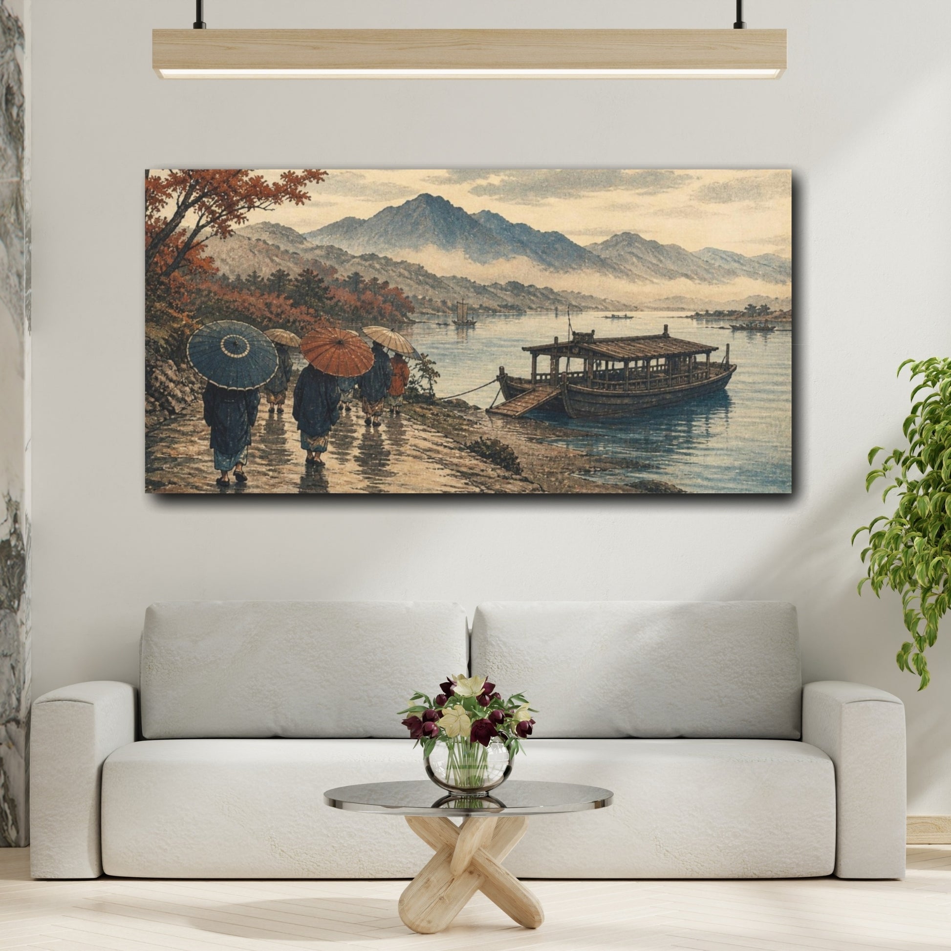 Mockup 2. Travelers By River Ferry shown as canvas print