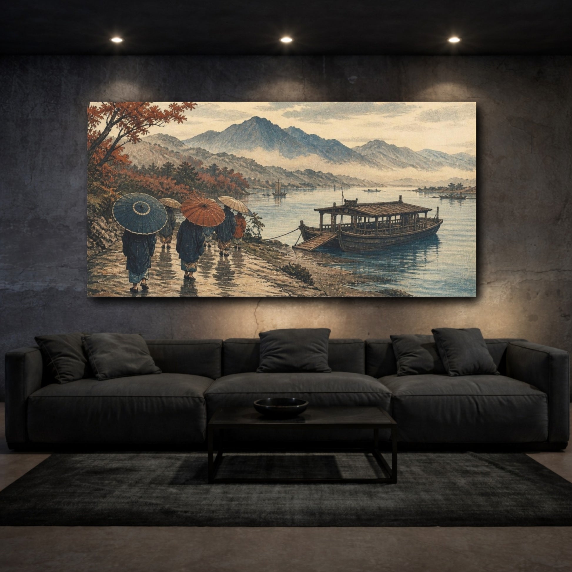 Mockup 3. Travelers By River Ferry shown as canvas print