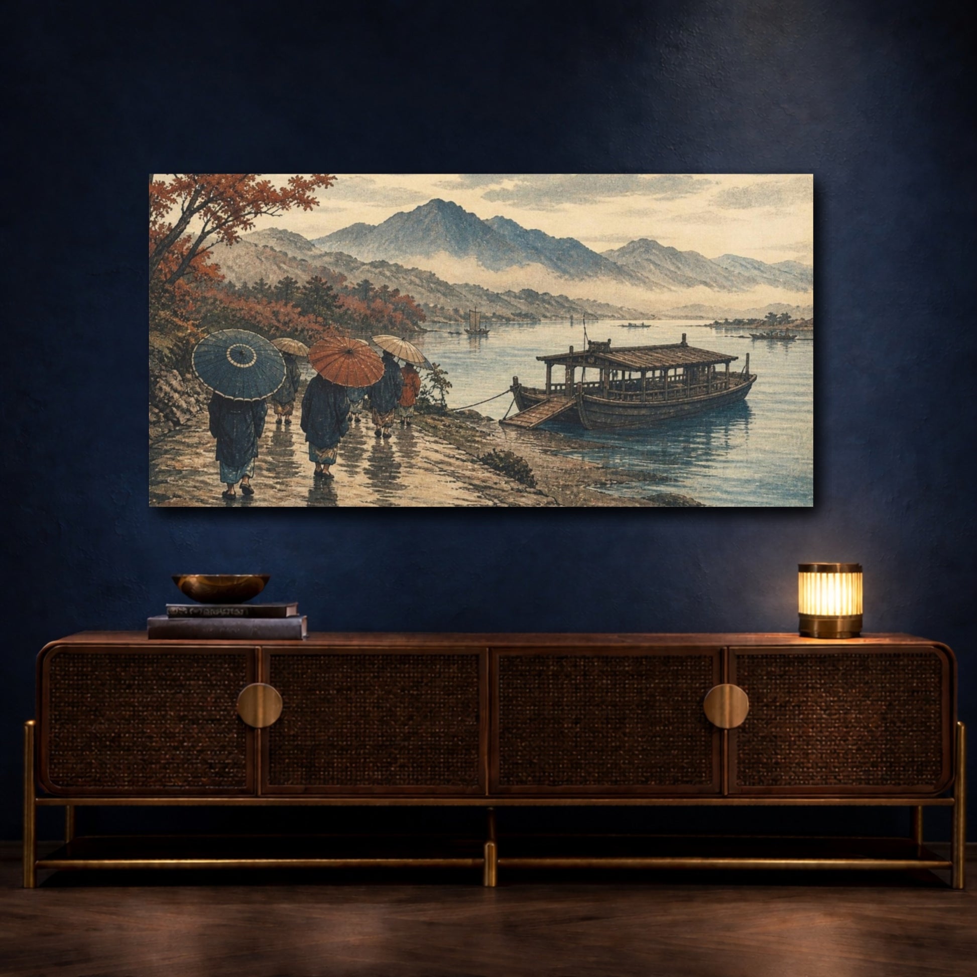Mockup 4. Travelers By River Ferry shown as canvas print