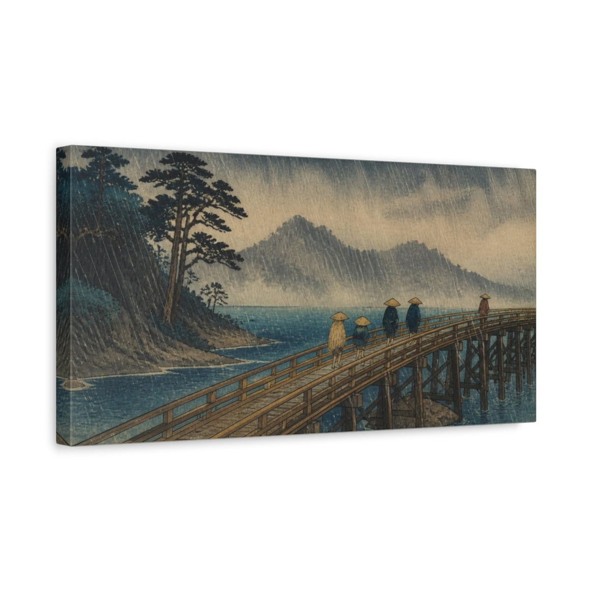 Side Mockup 3. Travelers On Rainy Bridge shown as canvas print