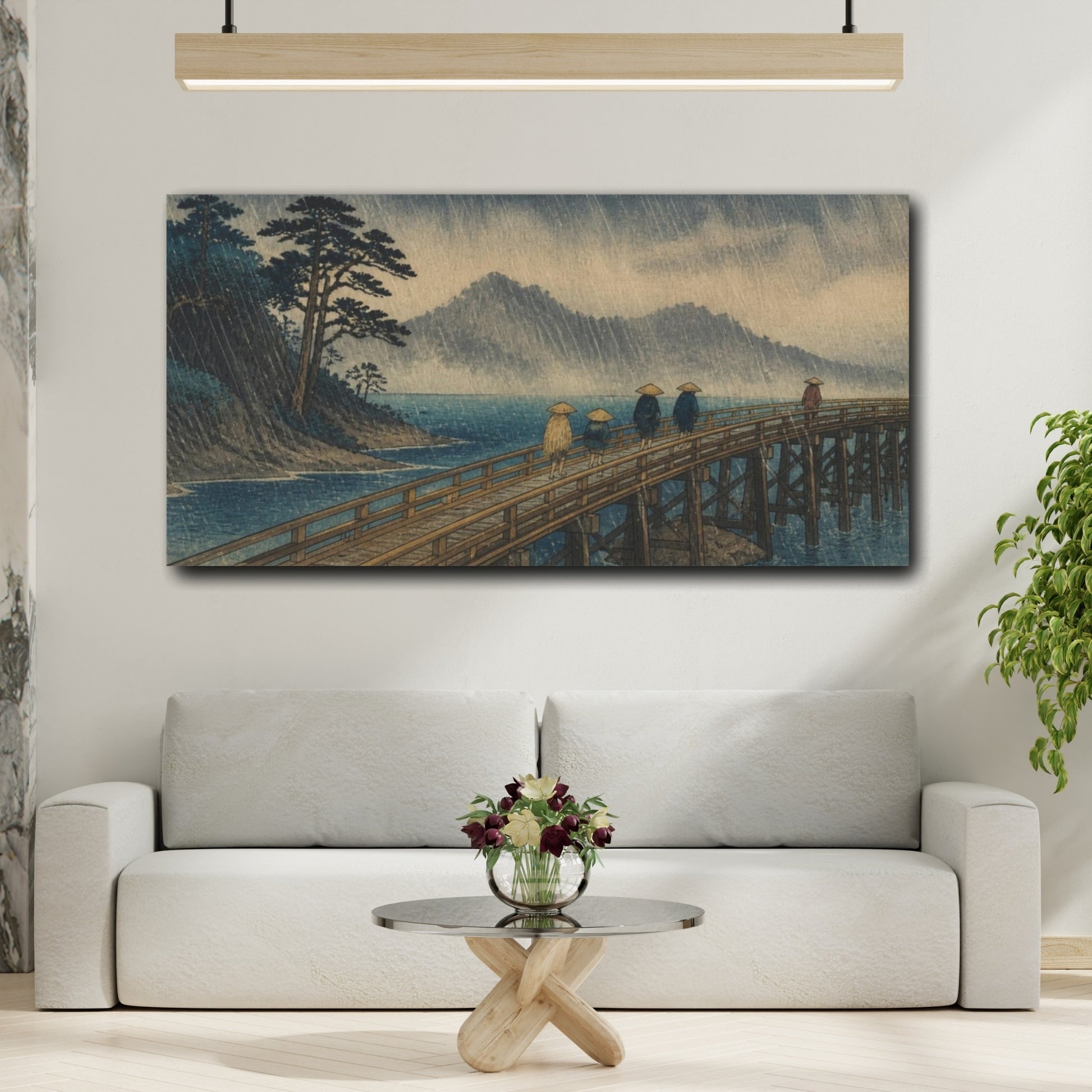 Mockup 2. Travelers On Rainy Bridge shown as canvas print