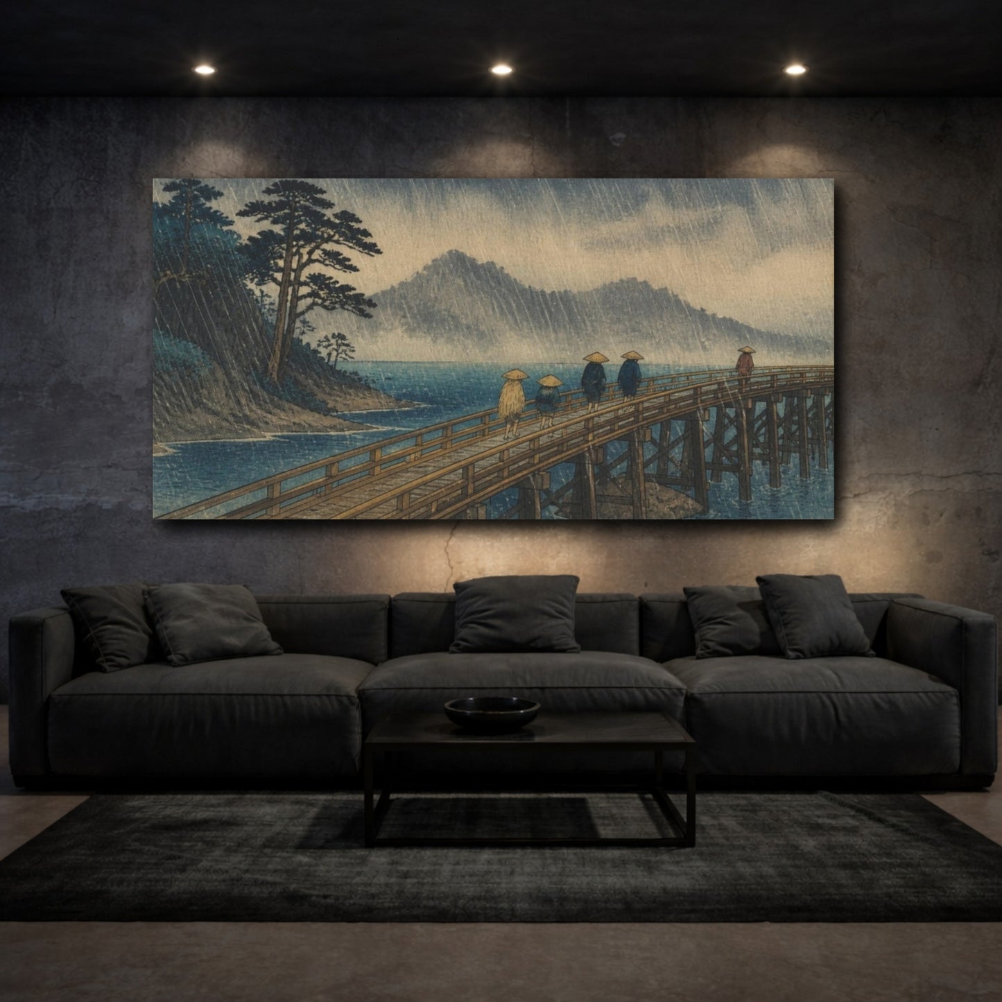 Mockup 3. Travelers On Rainy Bridge shown as canvas print