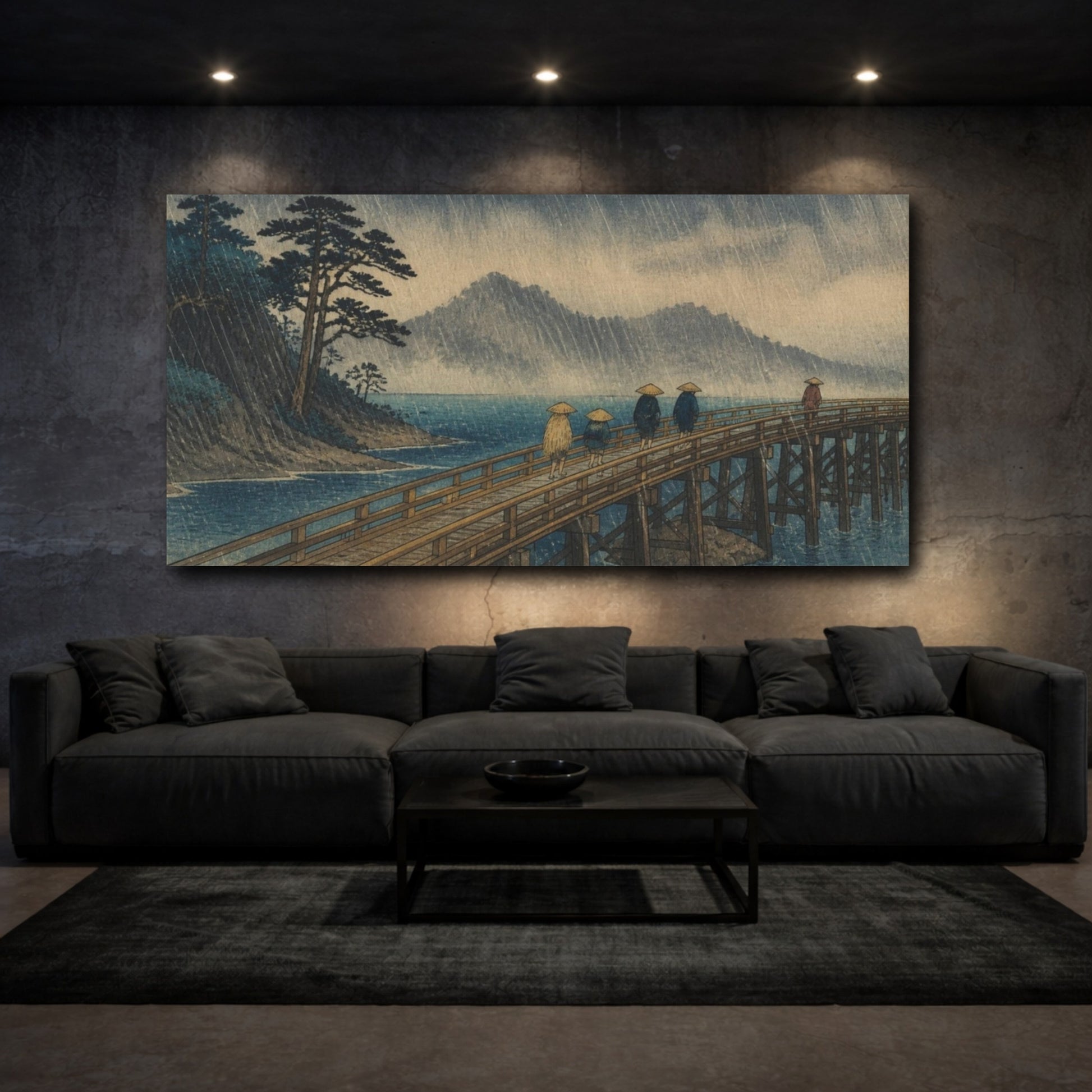 Mockup 3. Travelers On Rainy Bridge shown as canvas print