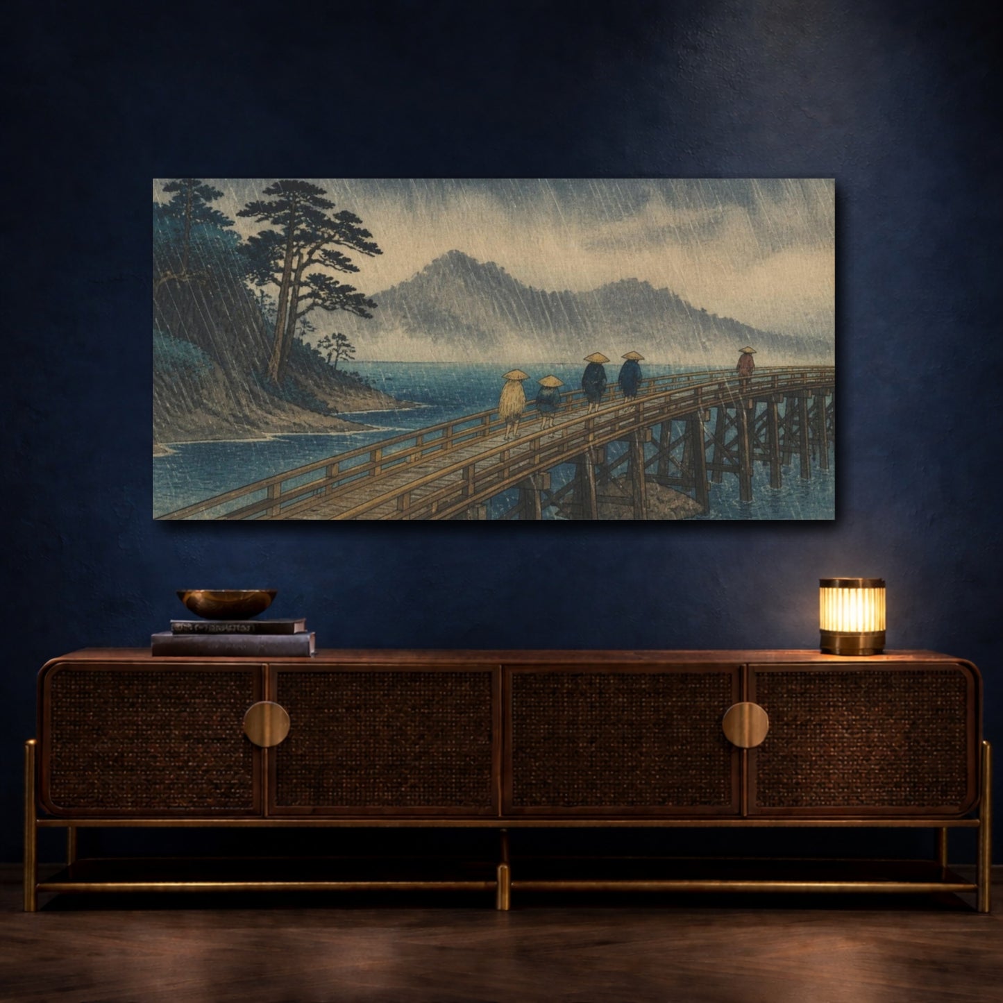 Mockup 4. Travelers On Rainy Bridge shown as canvas print