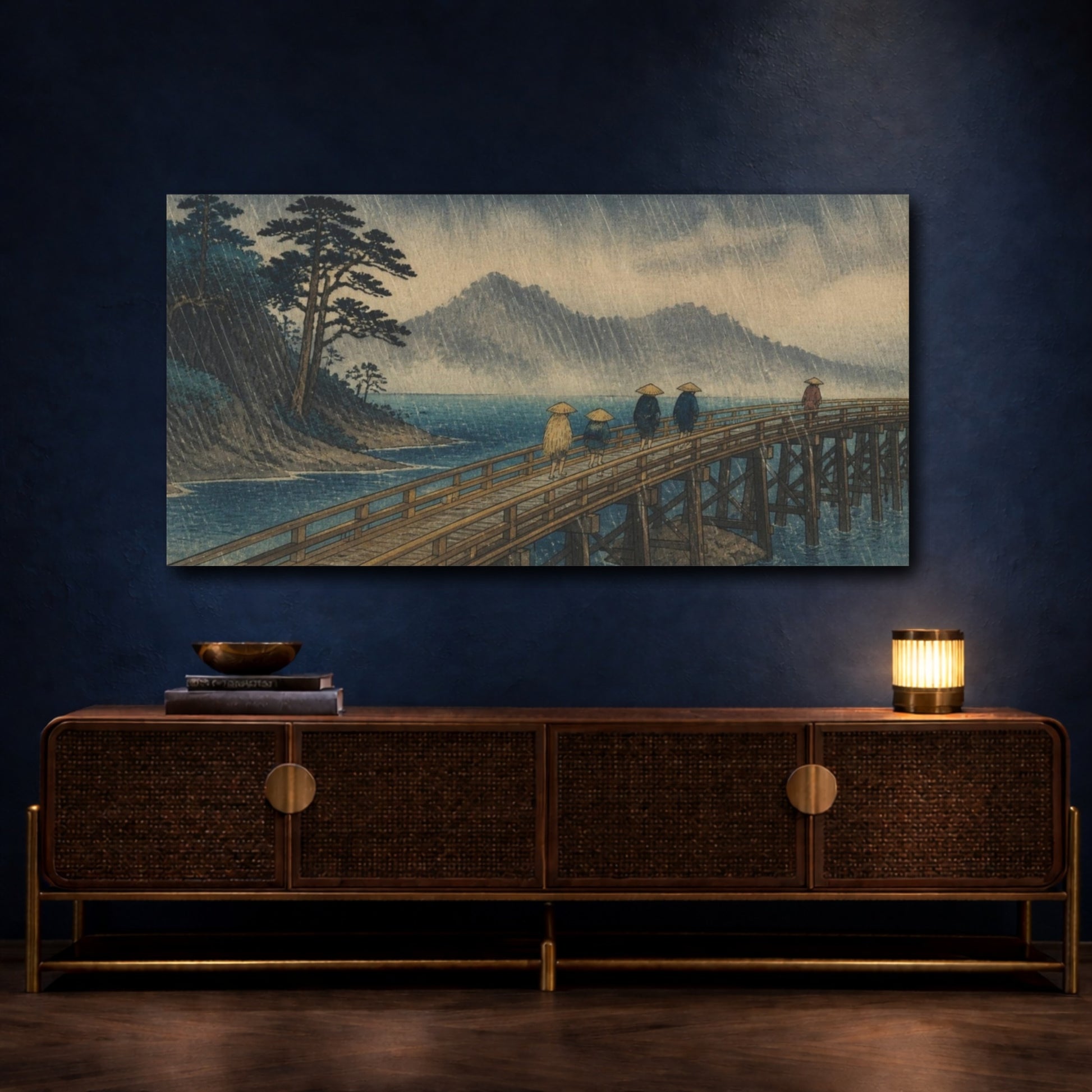 Mockup 4. Travelers On Rainy Bridge shown as canvas print