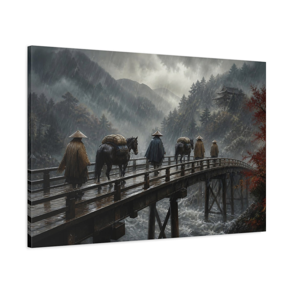 Main Mockup. Travelers On Wooden Bridge shown as canvas print