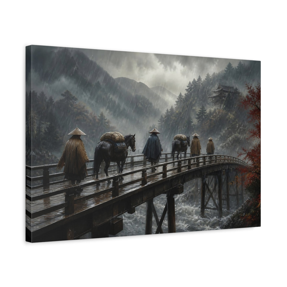 Side Mockup 3. Travelers On Wooden Bridge shown as canvas print