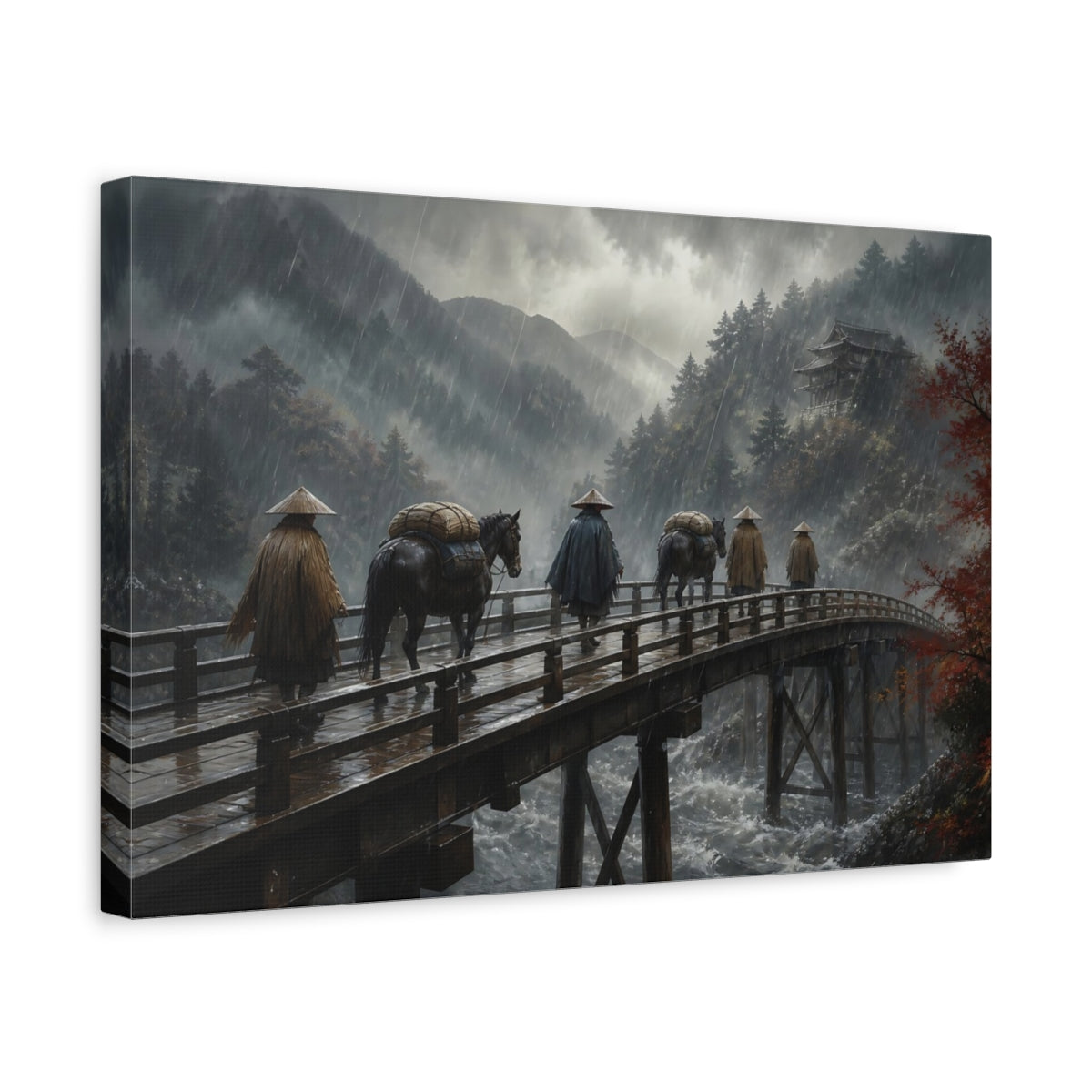 Side Mockup 4. Travelers On Wooden Bridge shown as canvas print