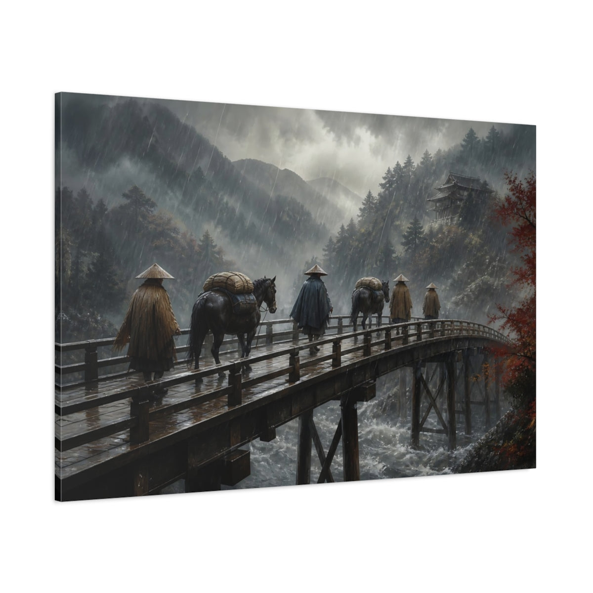 Side Mockup 1. Travelers On Wooden Bridge shown as canvas print
