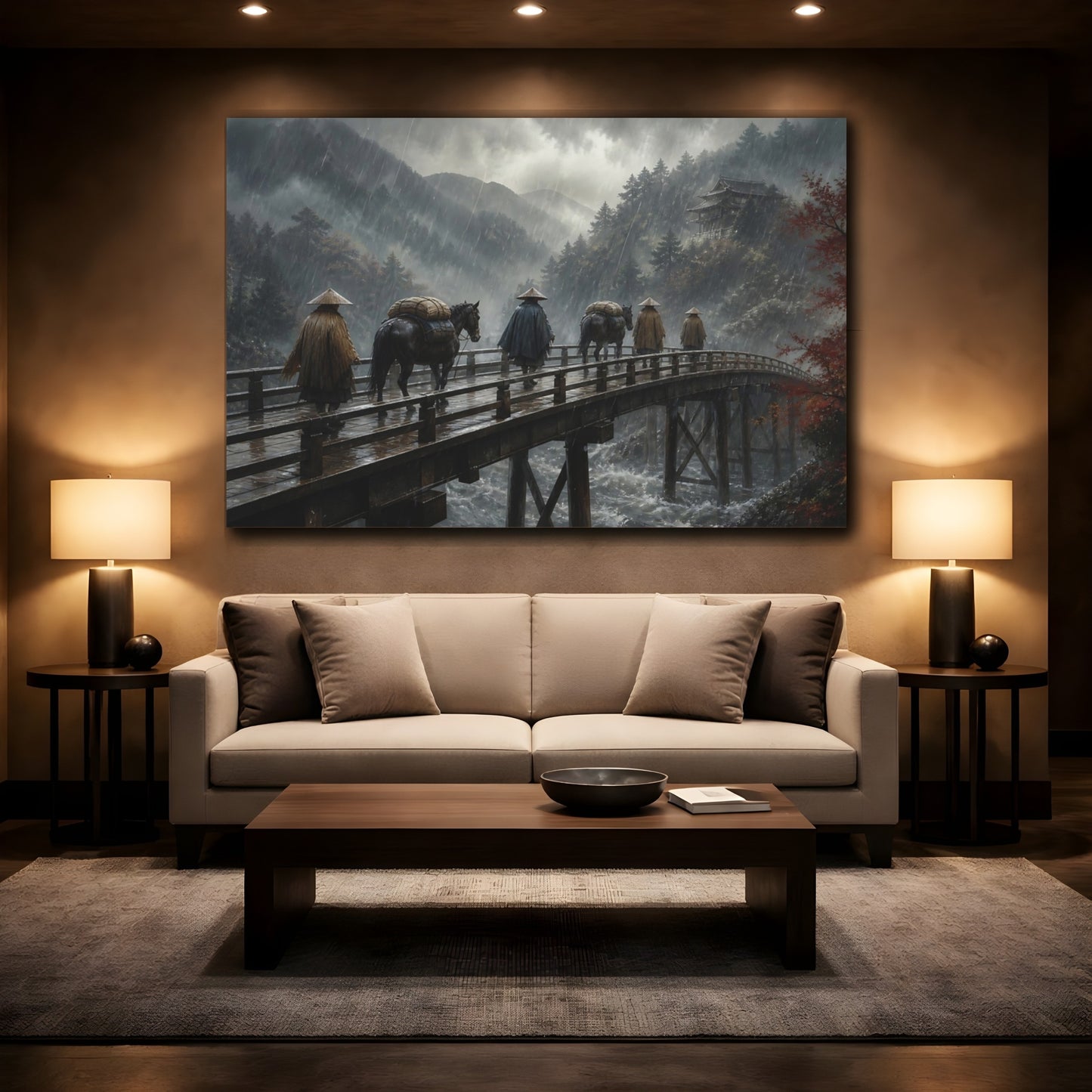 Mockup 2. Travelers On Wooden Bridge shown as canvas print
