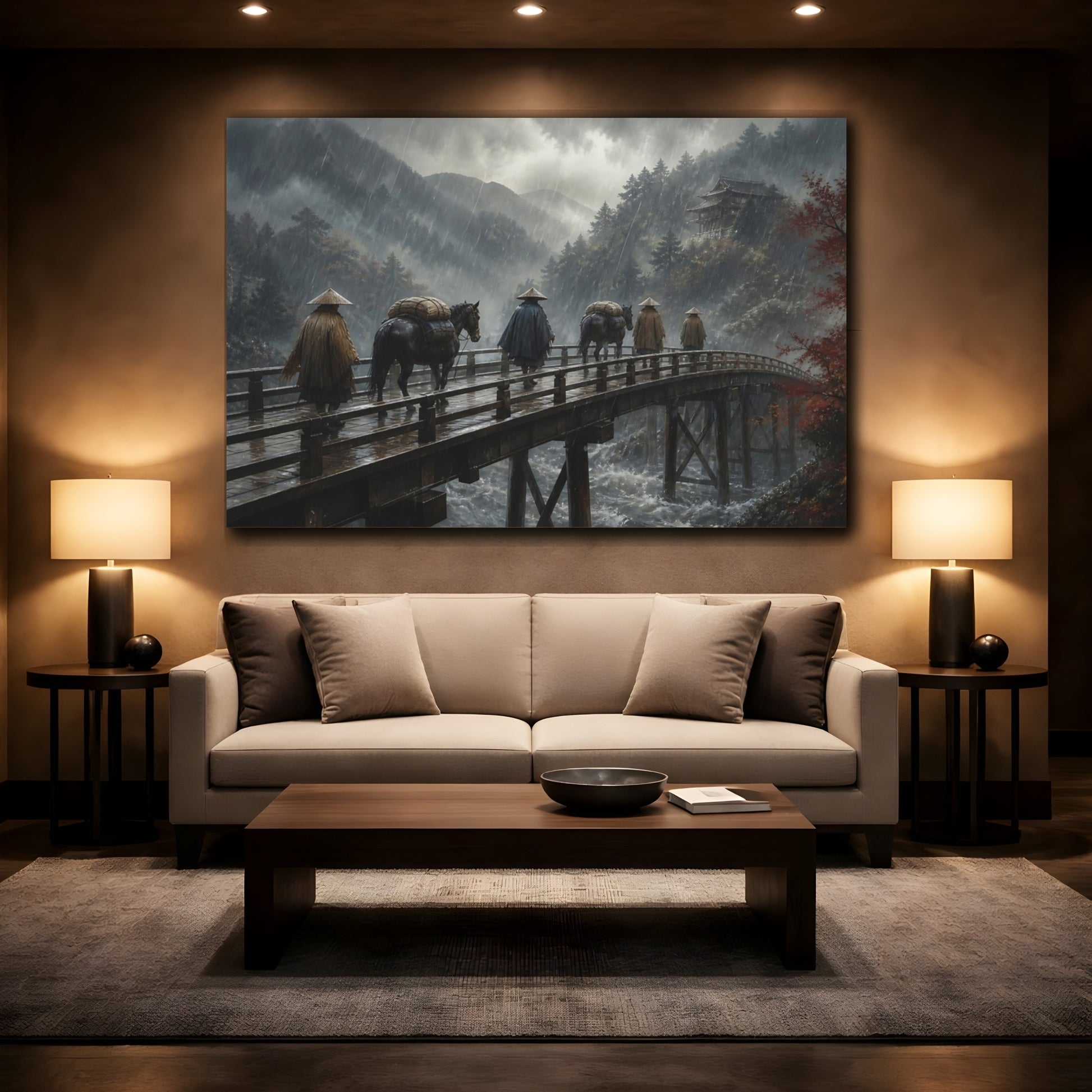 Mockup 2. Travelers On Wooden Bridge shown as canvas print